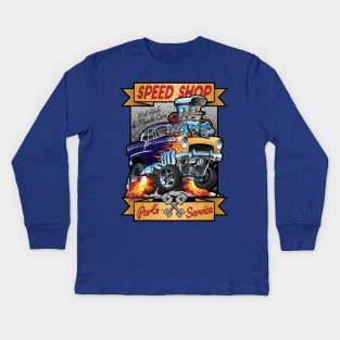 Speed Shop Hot Rod Muscle Car Parts and Service Vintage Cartoon Illustration Kids Long Sleeve T-Shirt